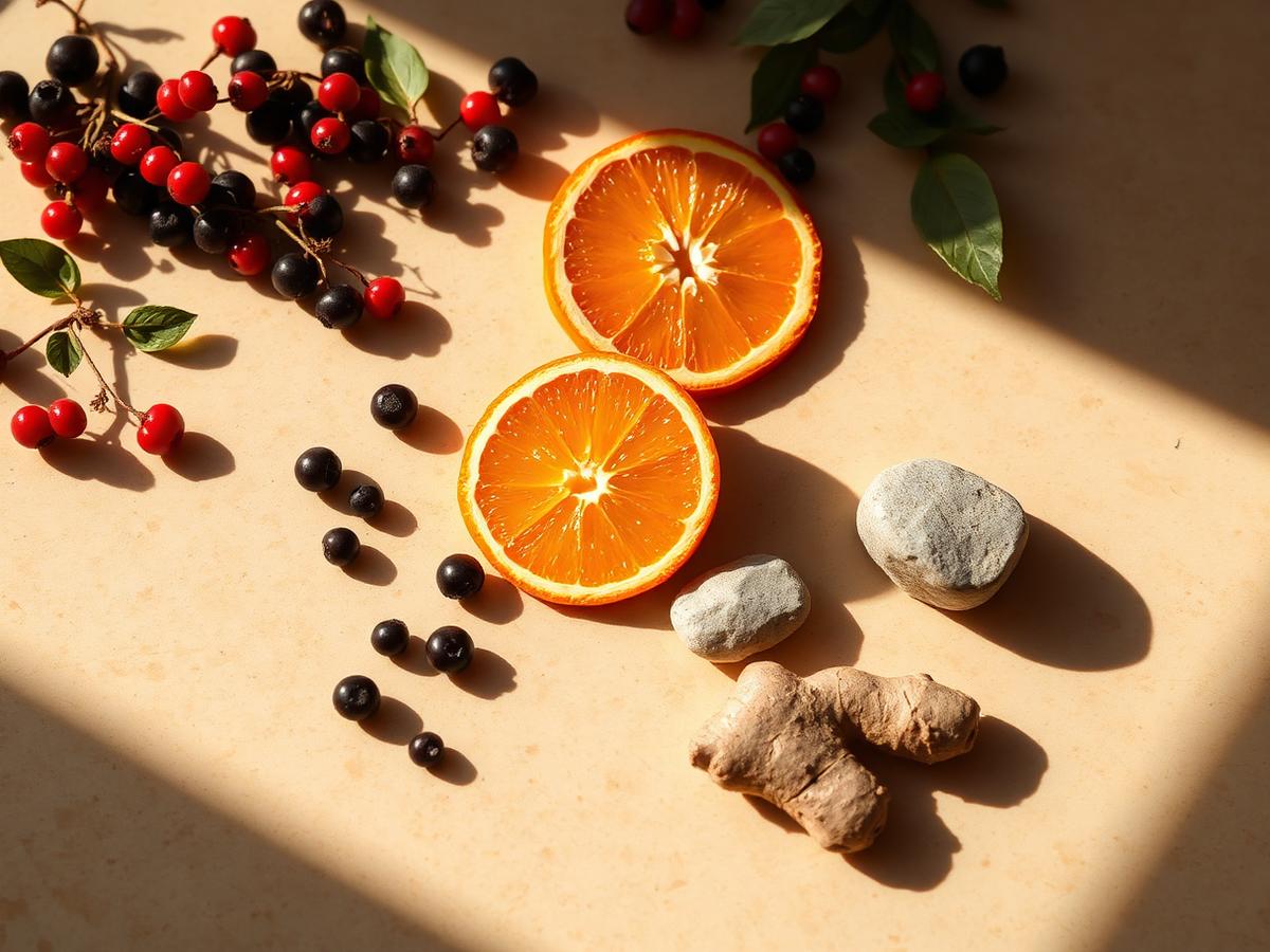 Elderberries, citrus, ginger and zinc minerals arranged on a cream stone surface